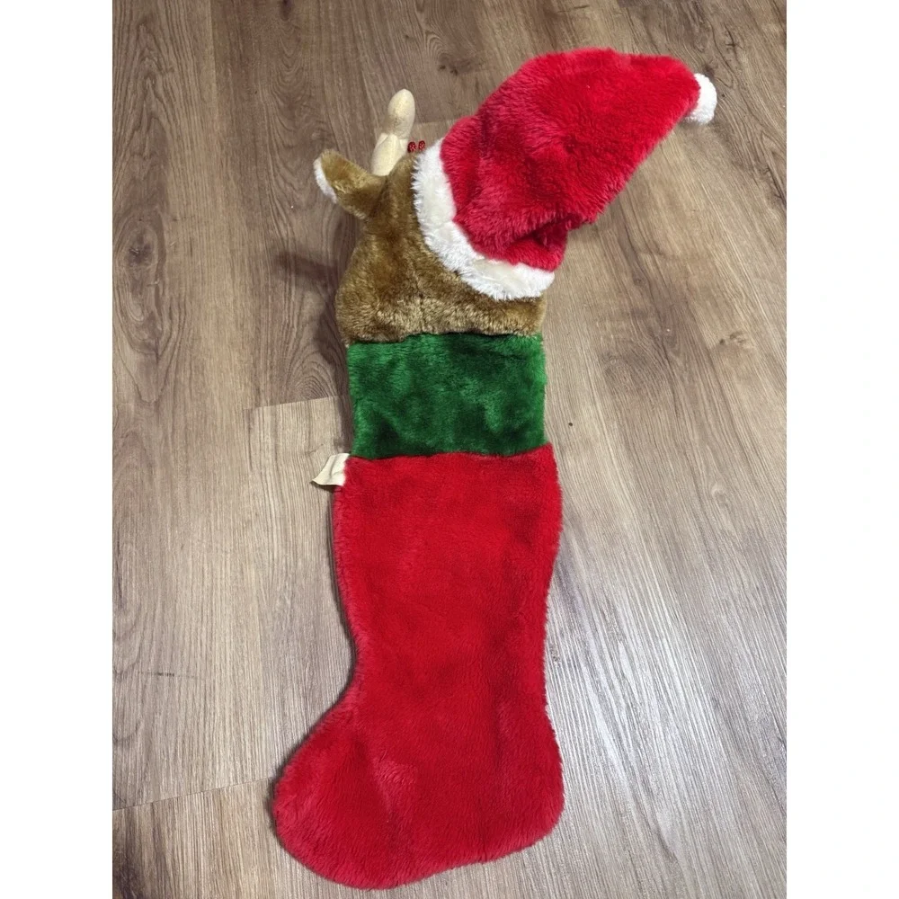 Vtg Christmas Stocking 3D Reindeer/Moose Plush Fuzzy‎ Red Nose 26